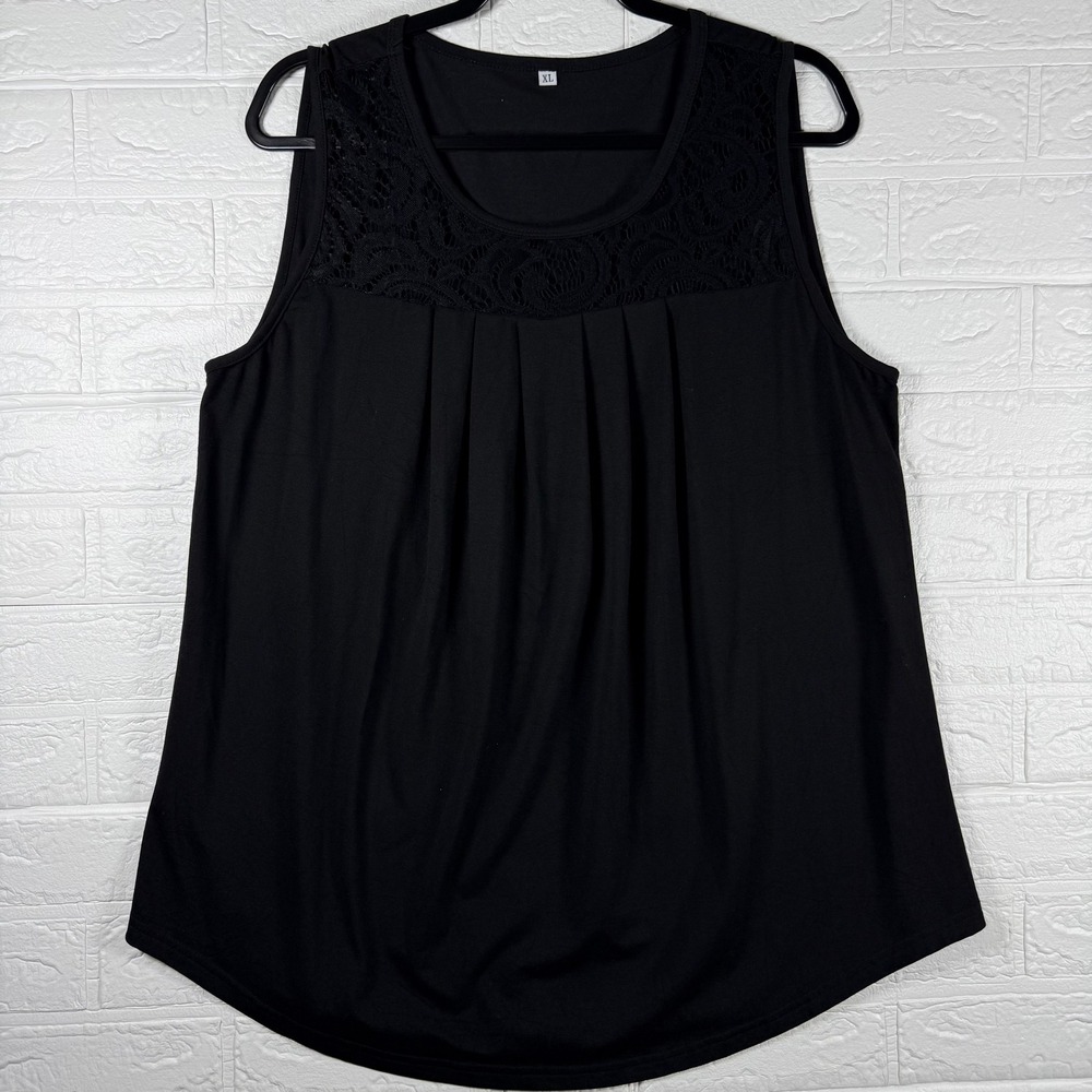 Tank Top Women XL Black Lace Yoke Pleated Sleeveless Scoop Neck Blouse